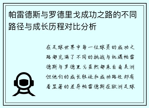 帕雷德斯与罗德里戈成功之路的不同路径与成长历程对比分析 帕雷德斯与罗德里戈成功之路的不同路径与成长历程对比分析