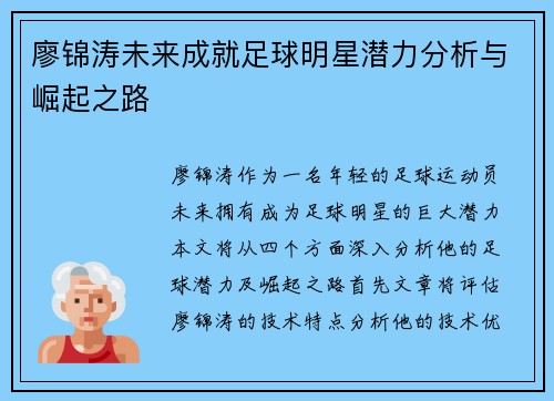 廖锦涛未来成就足球明星潜力分析与崛起之路